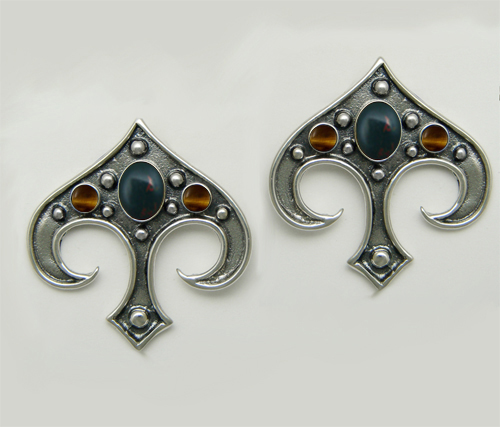 Sterling Silver Gothic Inspired Drop Dangle Earrings With Bloodstone And Tiger Eye